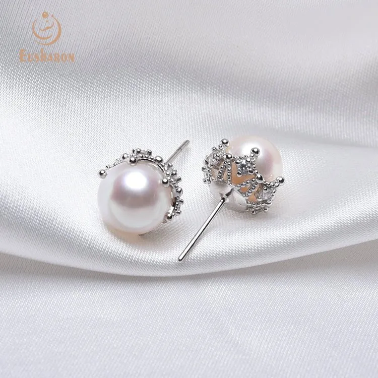10 Pairs Simple White Round Freshwater AK Pearl Stud Earrings