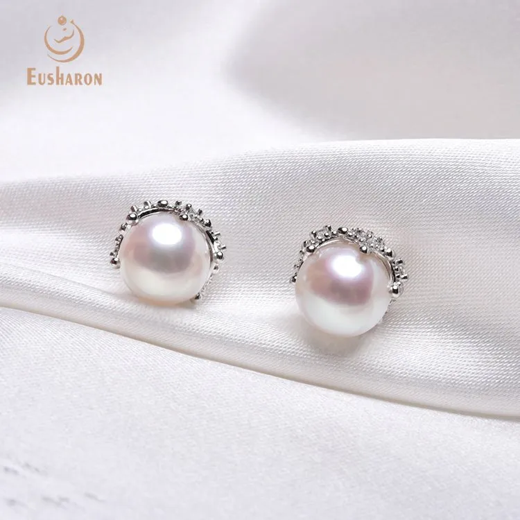 10 Pairs Simple White Round Freshwater AK Pearl Stud Earrings