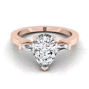 14K Rose Gold Pear Shape Center Diamond Tapered Baguette Accent Engagement Ring -1/4ctw