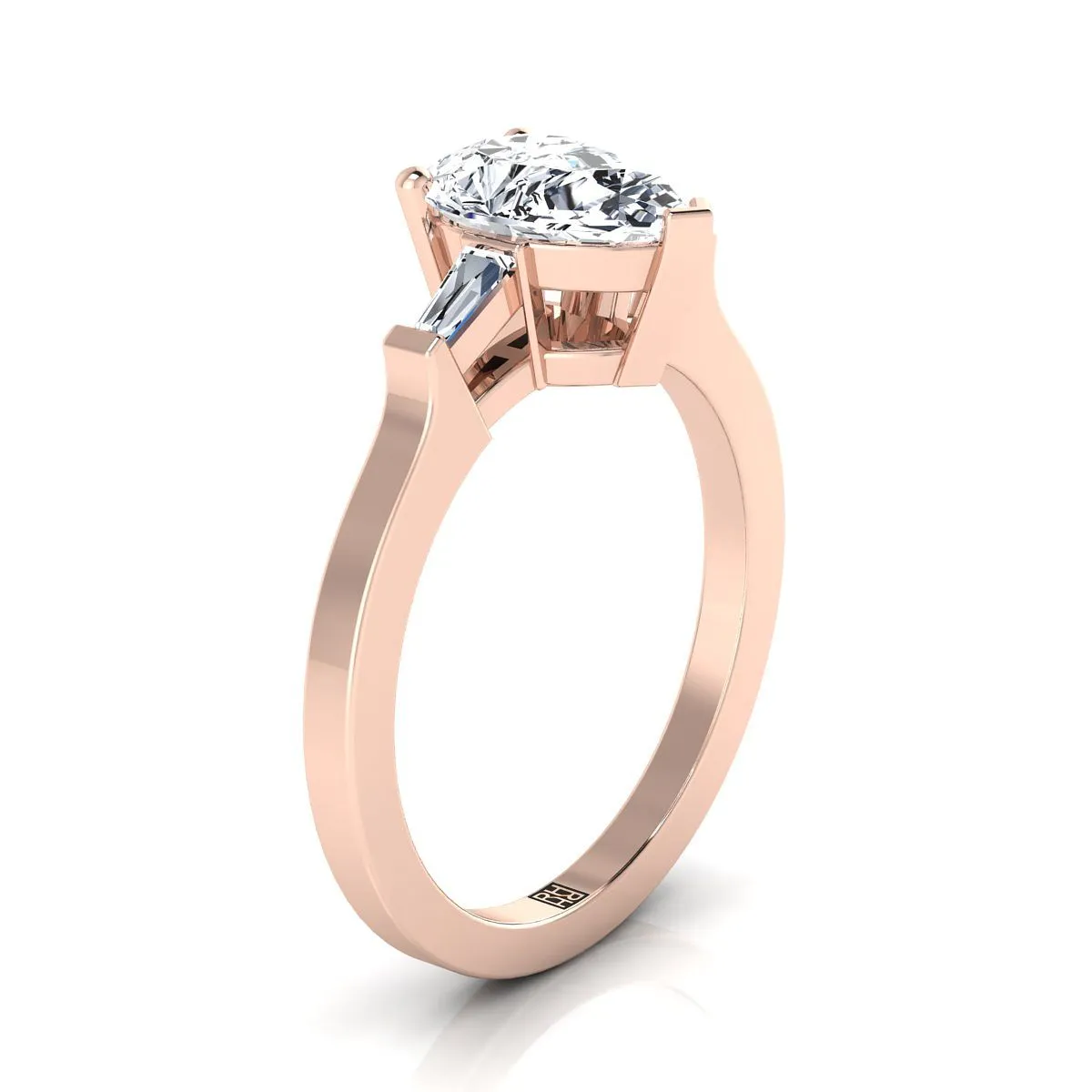 14K Rose Gold Pear Shape Center Diamond Tapered Baguette Accent Engagement Ring -1/4ctw