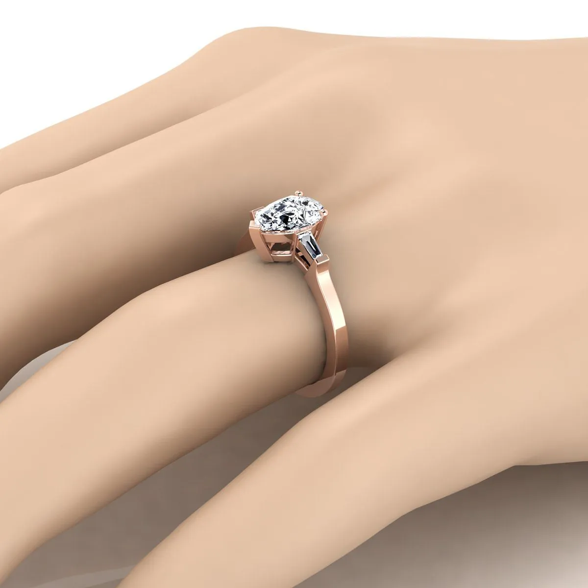 14K Rose Gold Pear Shape Center Diamond Tapered Baguette Accent Engagement Ring -1/4ctw