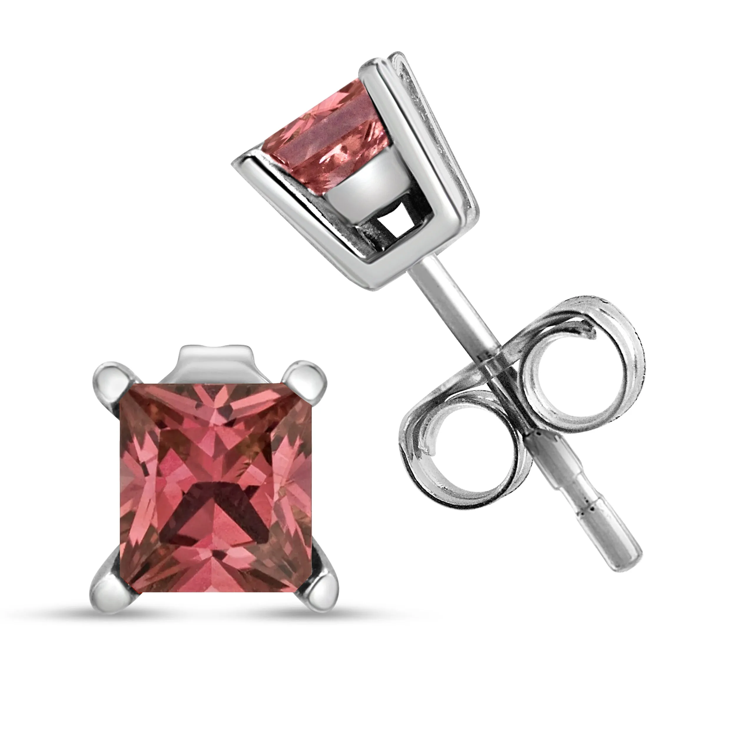14K White Gold 4 Prong Set Lab Grown Pink Princess Diamond Solitaire Stud Earrings