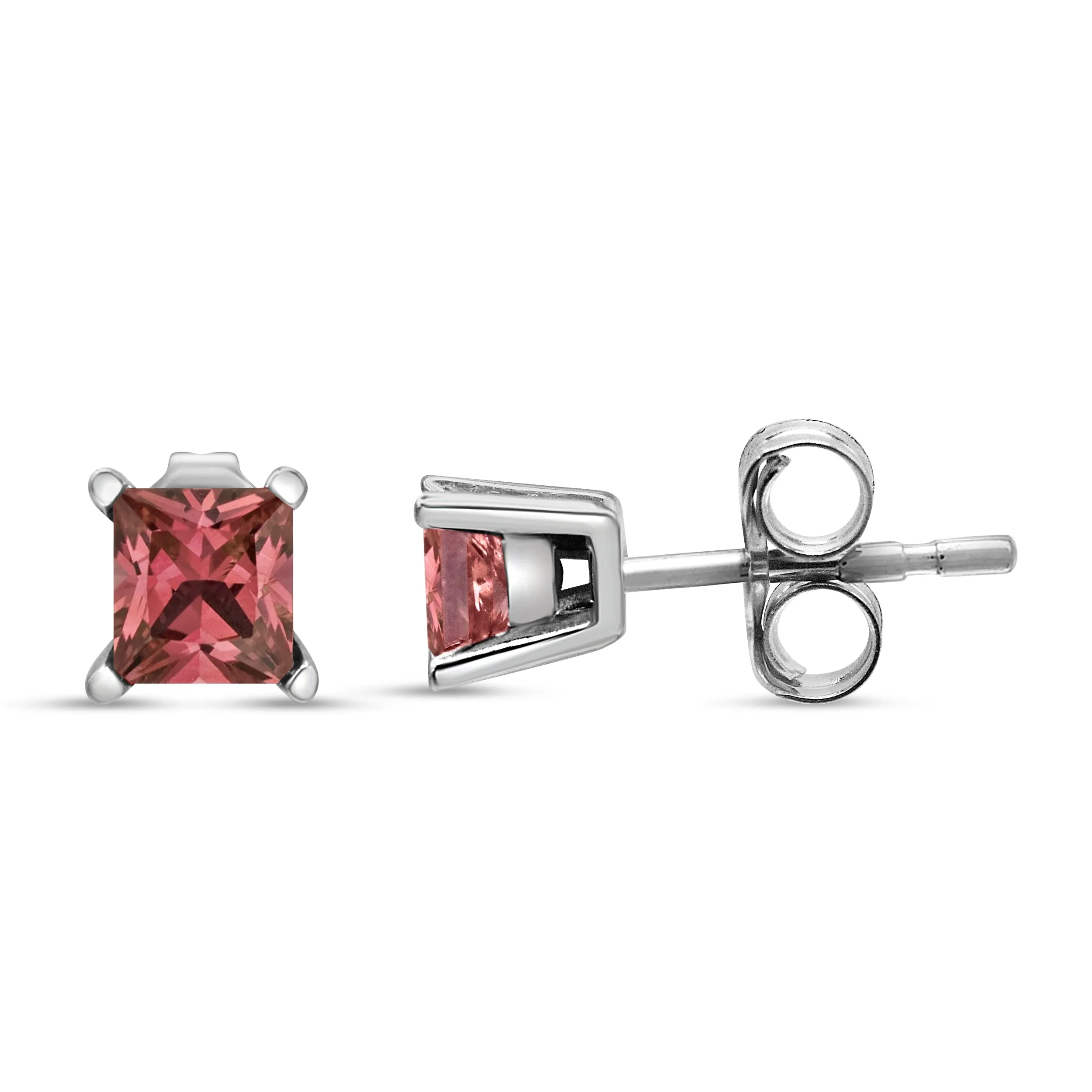 14K White Gold 4 Prong Set Lab Grown Pink Princess Diamond Solitaire Stud Earrings