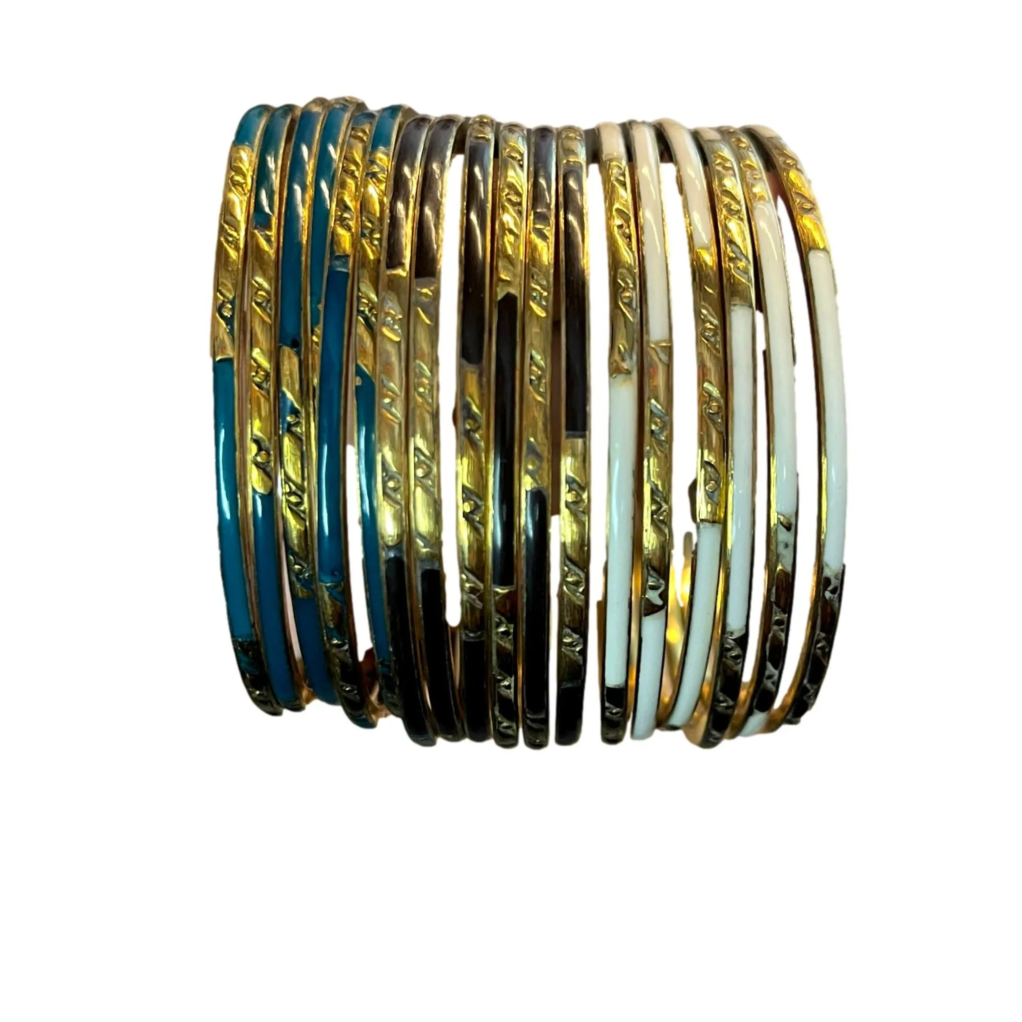 6 PC Thin Metal Textured Enameled Bangle Bracelets