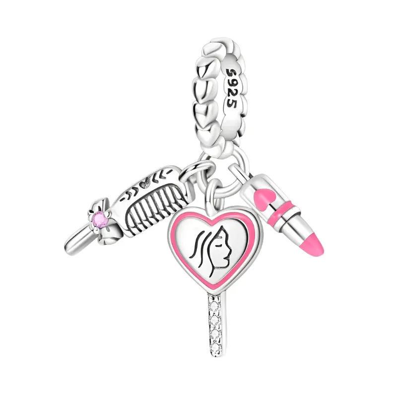 925 Sterling Silver Comb Mirror Lipstick Charm Pendant For Women Diy Gift