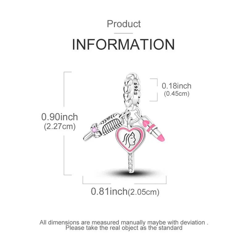 925 Sterling Silver Comb Mirror Lipstick Charm Pendant For Women Diy Gift