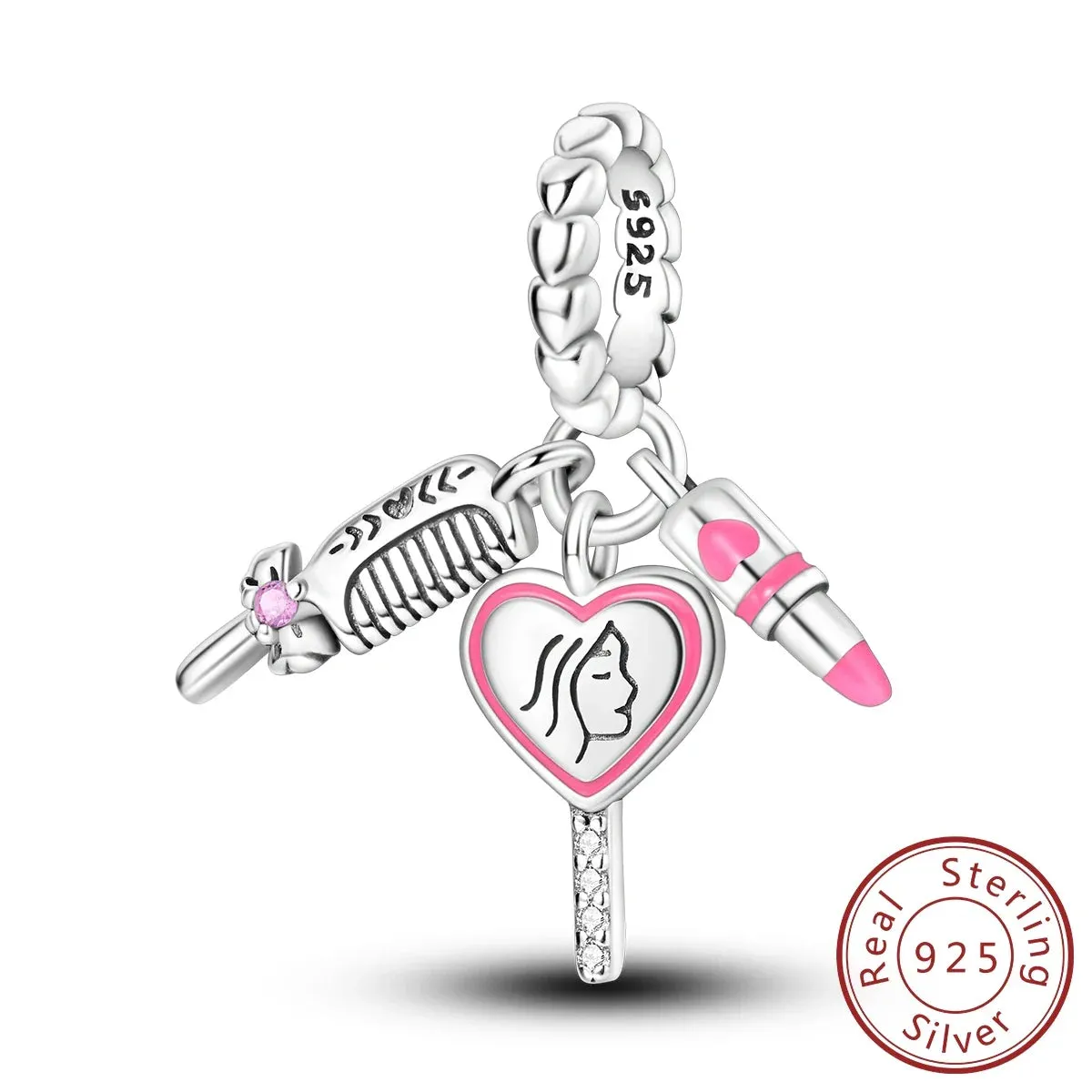 925 Sterling Silver Comb Mirror Lipstick Charm Pendant For Women Diy Gift