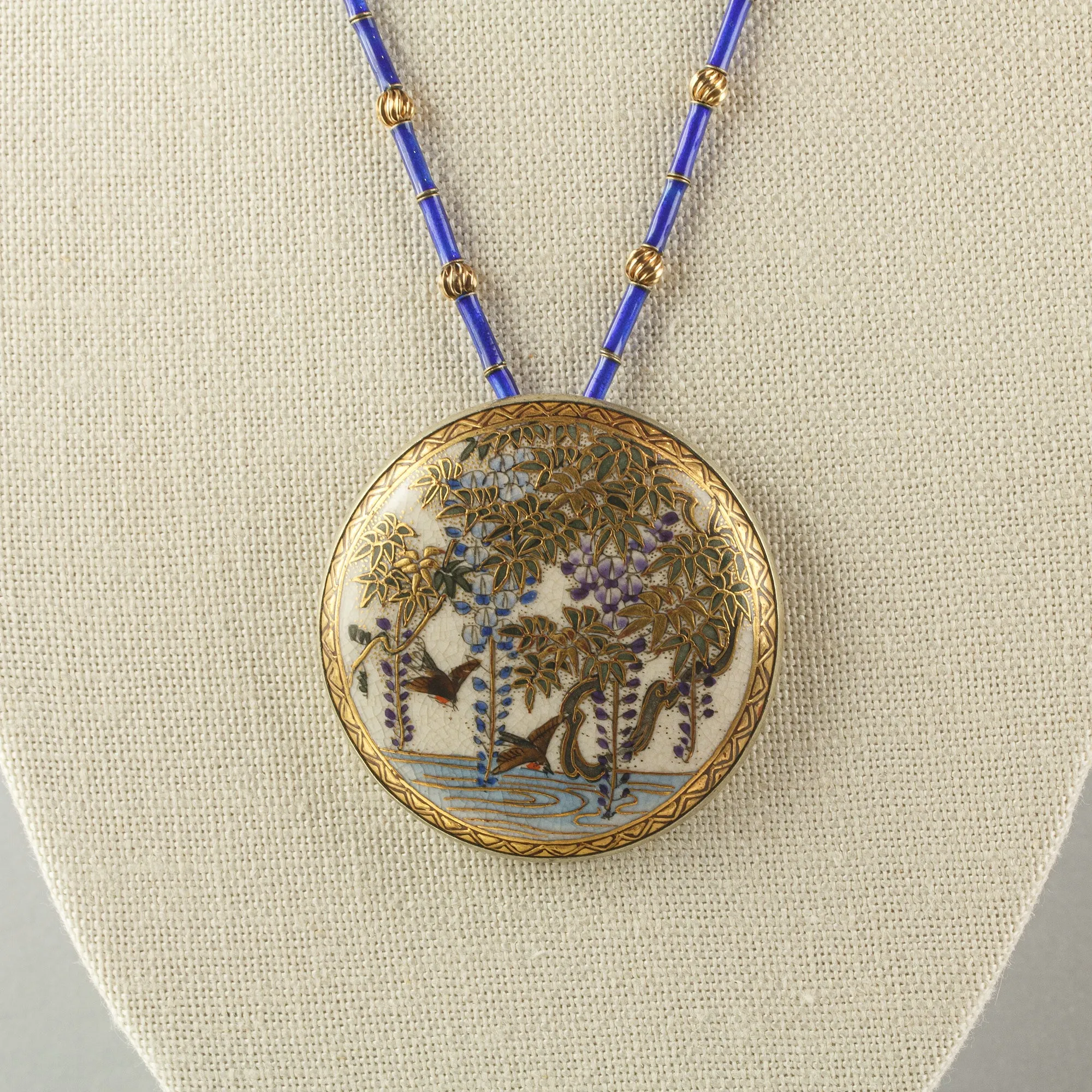 Antique Japanese Satsuma silver pendant necklace with blue glass and vermeil beads.  nlor849