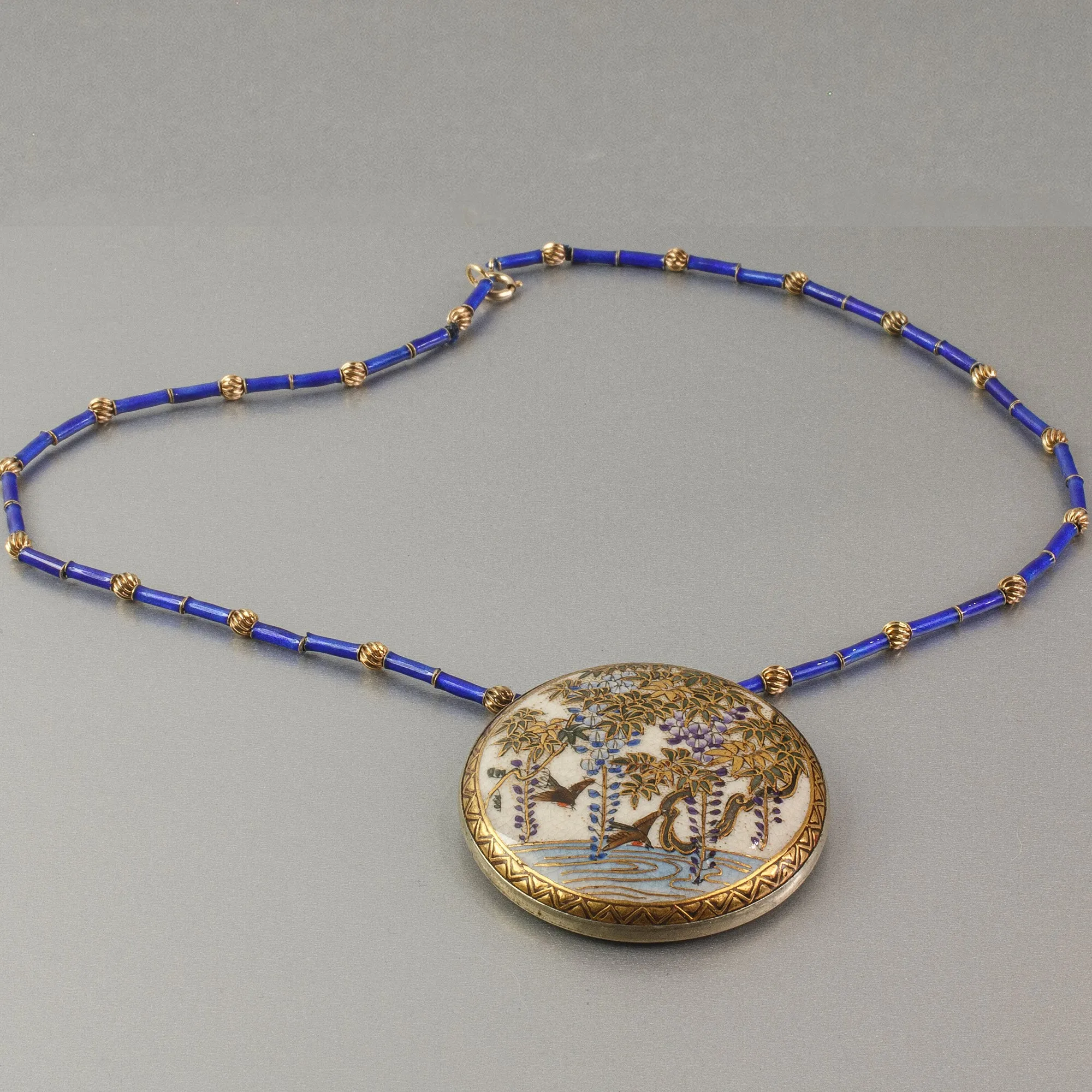 Antique Japanese Satsuma silver pendant necklace with blue glass and vermeil beads.  nlor849
