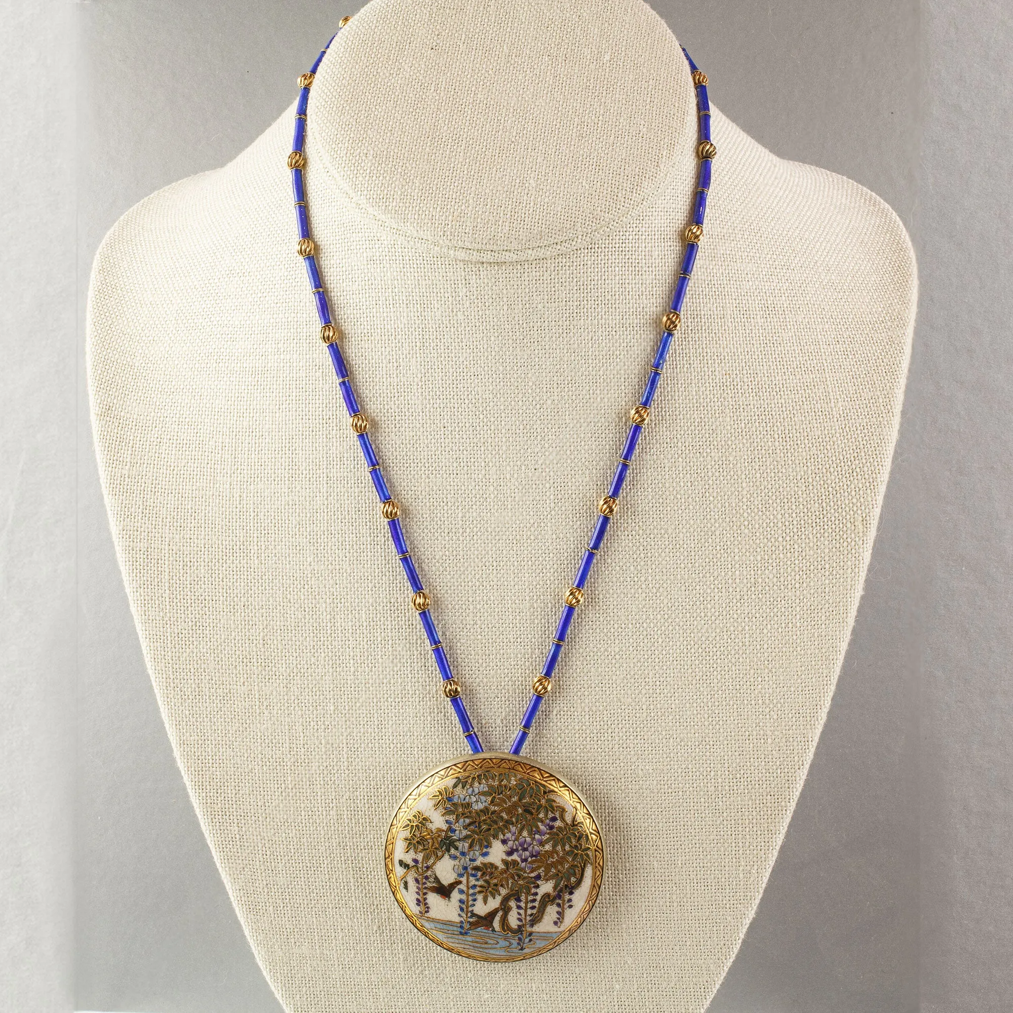 Antique Japanese Satsuma silver pendant necklace with blue glass and vermeil beads.  nlor849