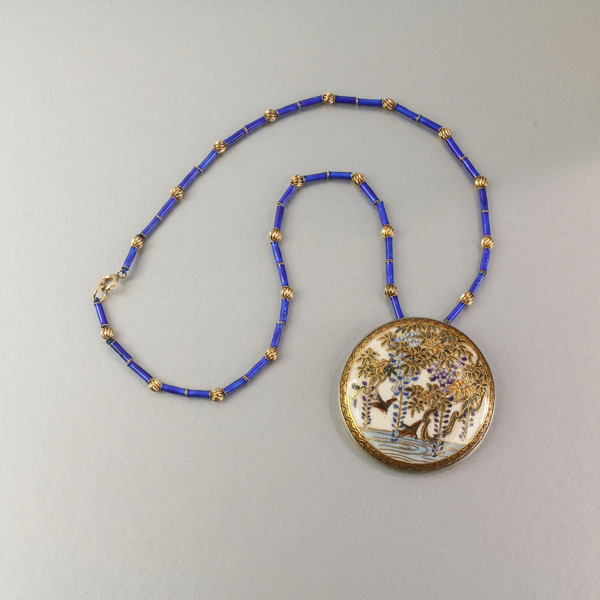Antique Japanese Satsuma silver pendant necklace with blue glass and vermeil beads.  nlor849
