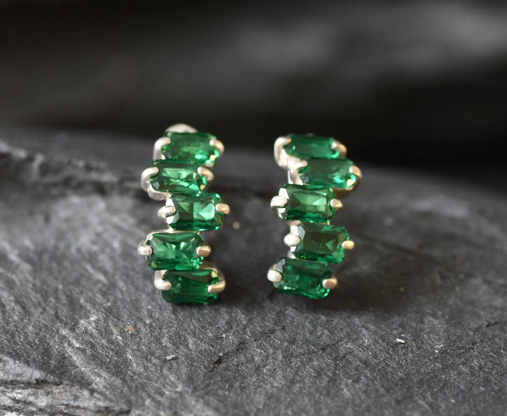 Baguette Emerald Earrings - Long Green Earrings - Five Stone Earrings