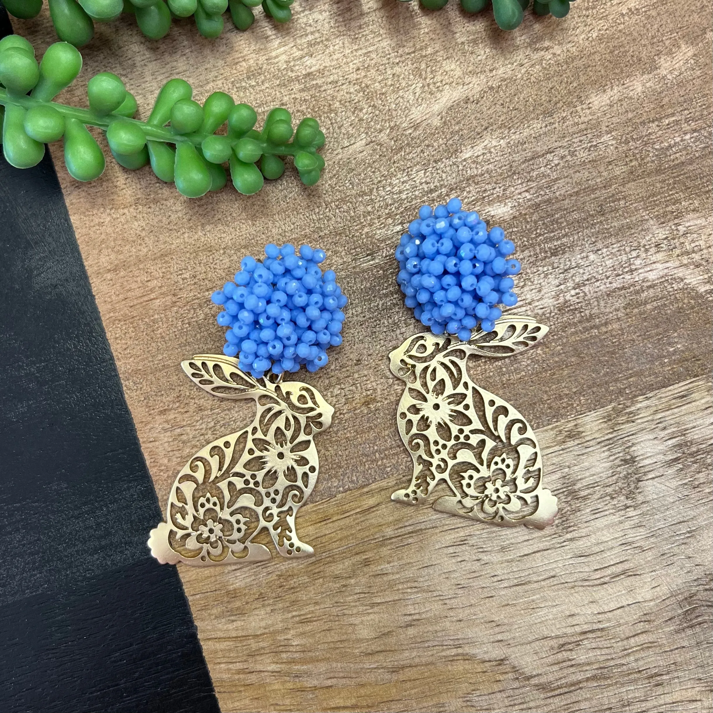 Blue Beaded PomPom Bunny Earrings