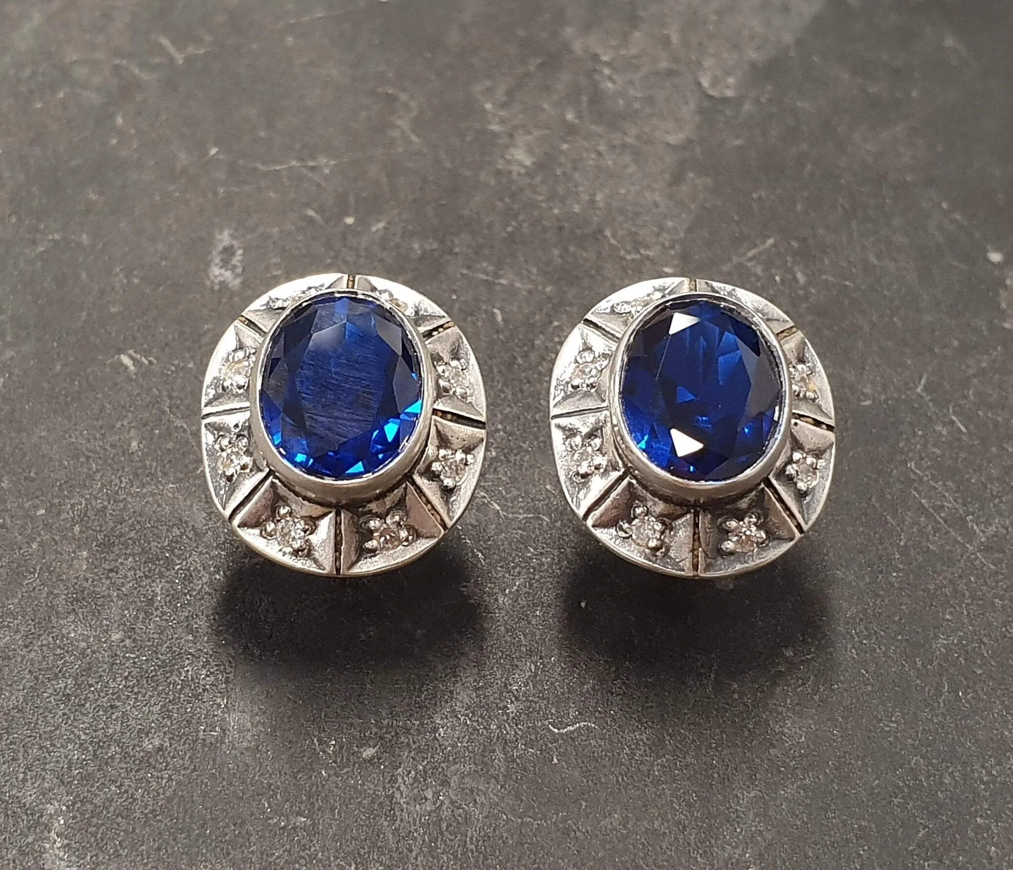 Blue Sapphire Earrings - Large Blue Studs - Vintage Tribal Earrings