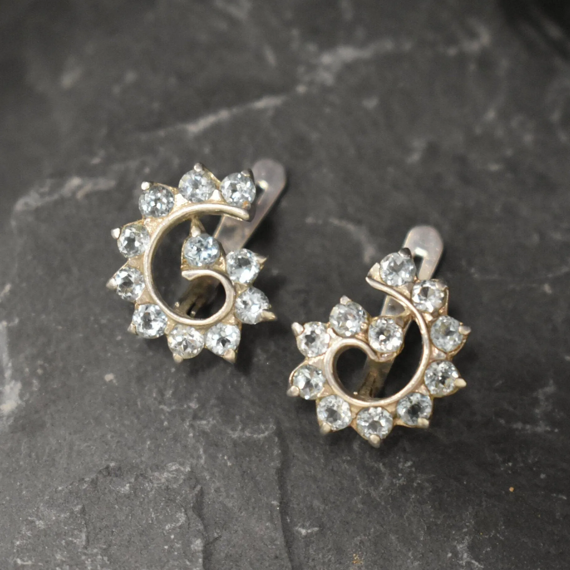 Blue Swirl Earrings - Natural Blue Topaz, Blue Diamond Earrings