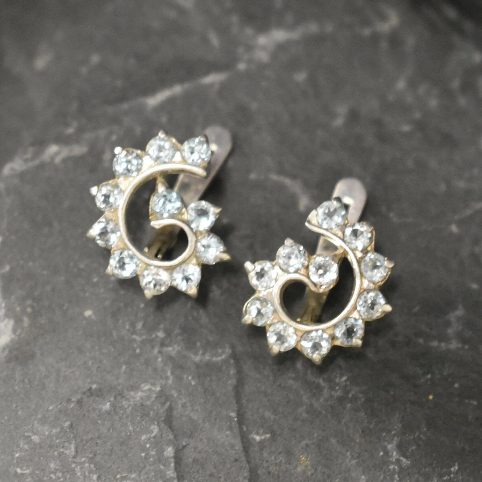 Blue Swirl Earrings - Natural Blue Topaz, Blue Diamond Earrings