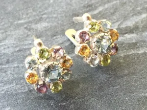 Colorful Flower Earrings - Blue Topaz Earrings - Multistone Vintage Studs