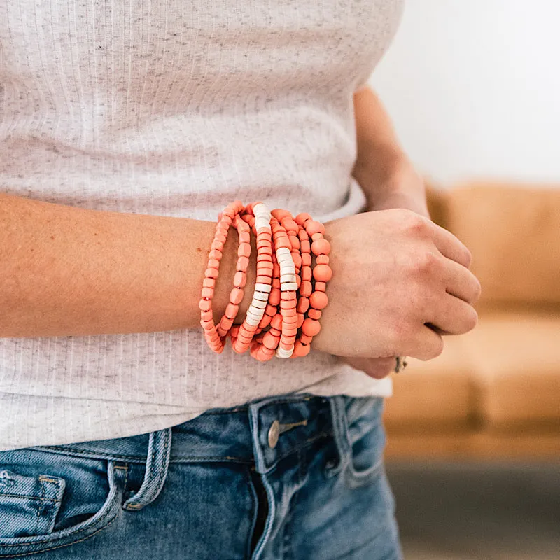 Coral and Cream Wooden Bead Bracelet Set FINAL SALE