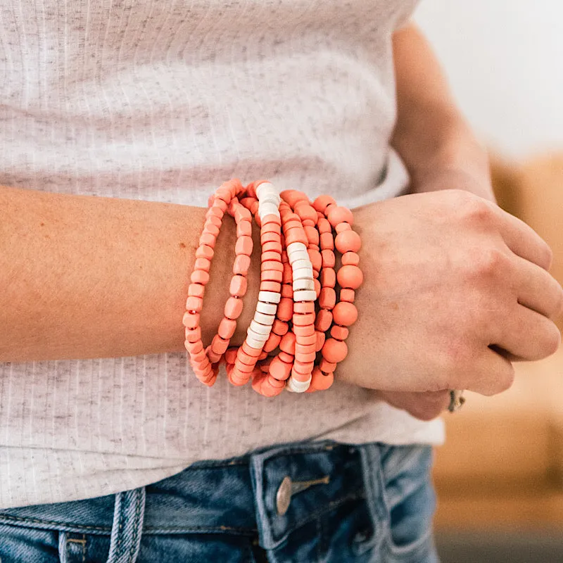 Coral and Cream Wooden Bead Bracelet Set FINAL SALE