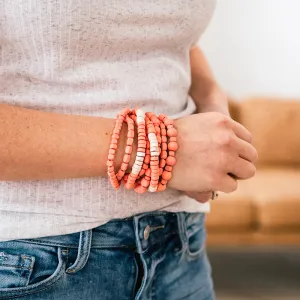 Coral and Cream Wooden Bead Bracelet Set FINAL SALE
