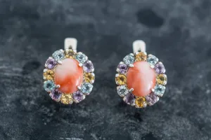 Coral Earrings - Pink Flower Earrings - Colorful Vintage Studs
