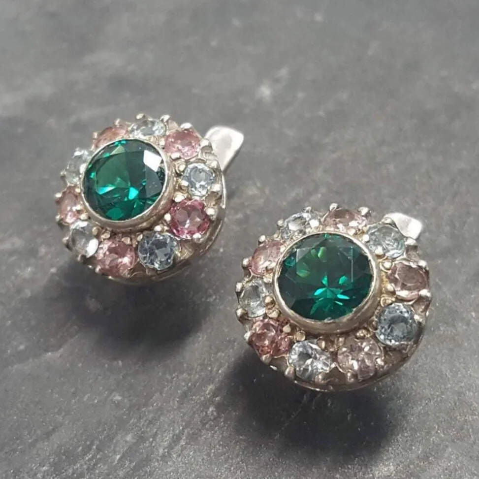 Emerald Flower Studs -  Green Vintage Earrings - Amethyst Topaz Earrings