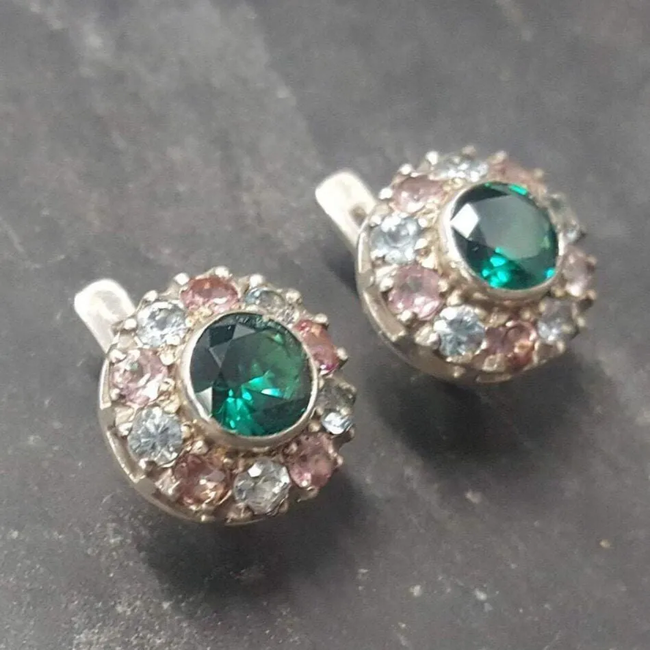 Emerald Flower Studs -  Green Vintage Earrings - Amethyst Topaz Earrings