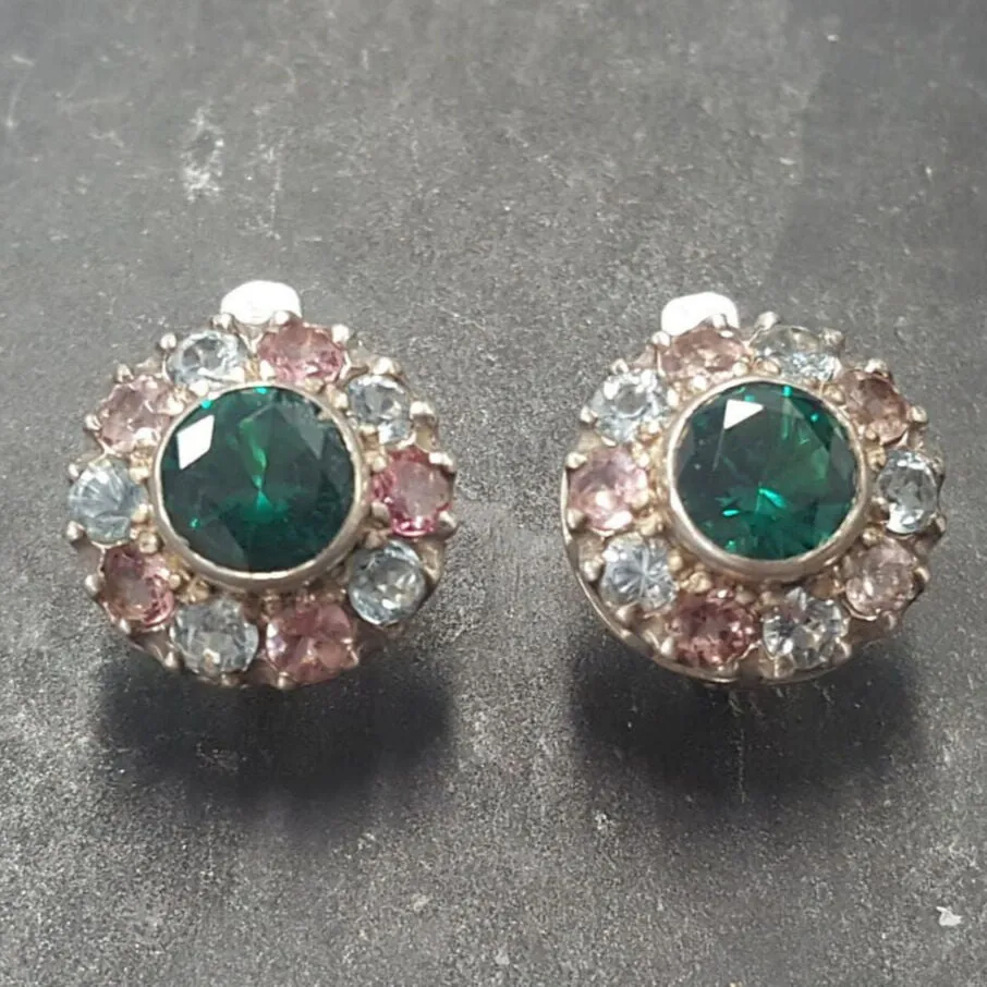 Emerald Flower Studs -  Green Vintage Earrings - Amethyst Topaz Earrings