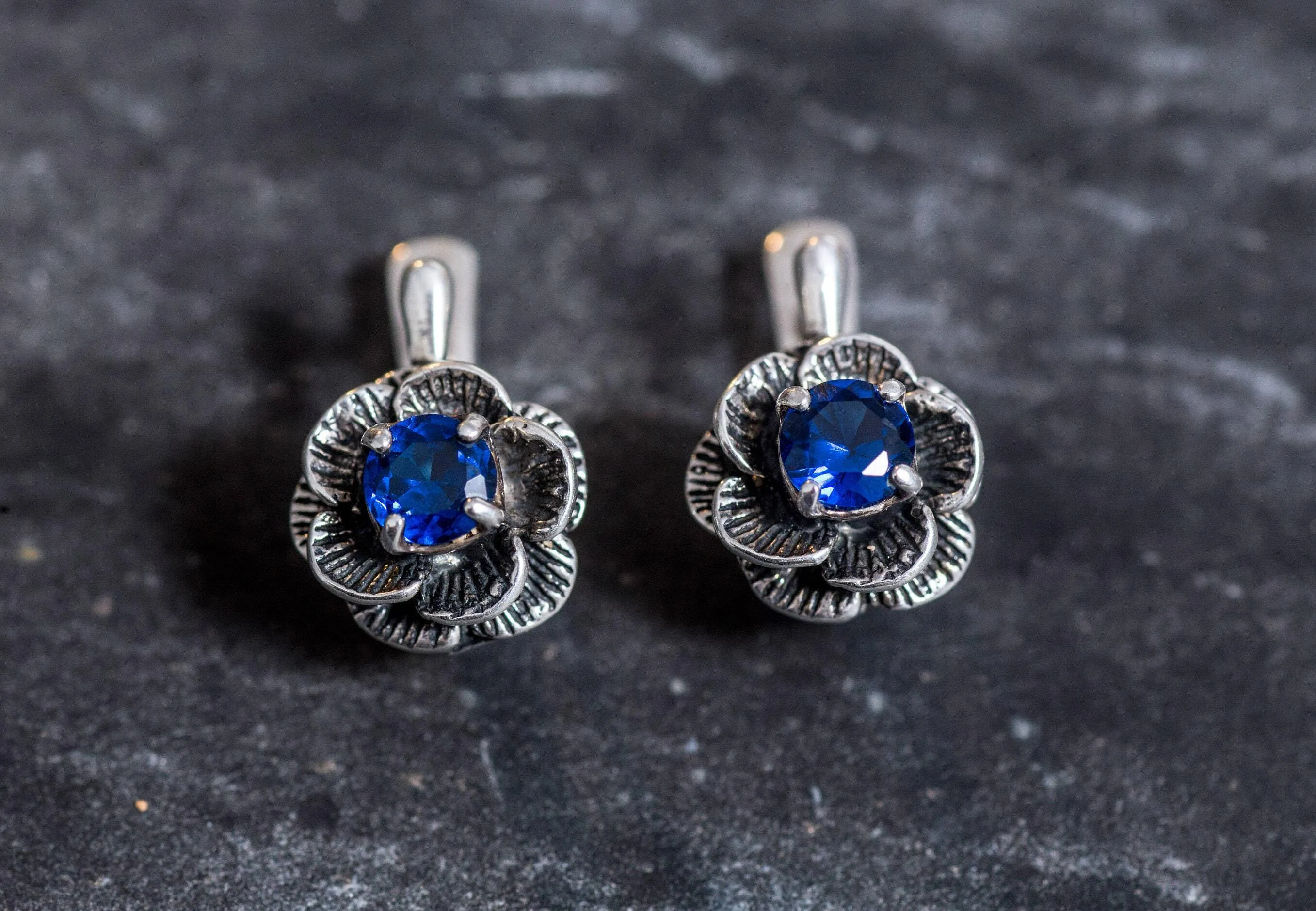 Flower Sapphire Earrings - Blue Rose Earrings, Dainty Flower Studs