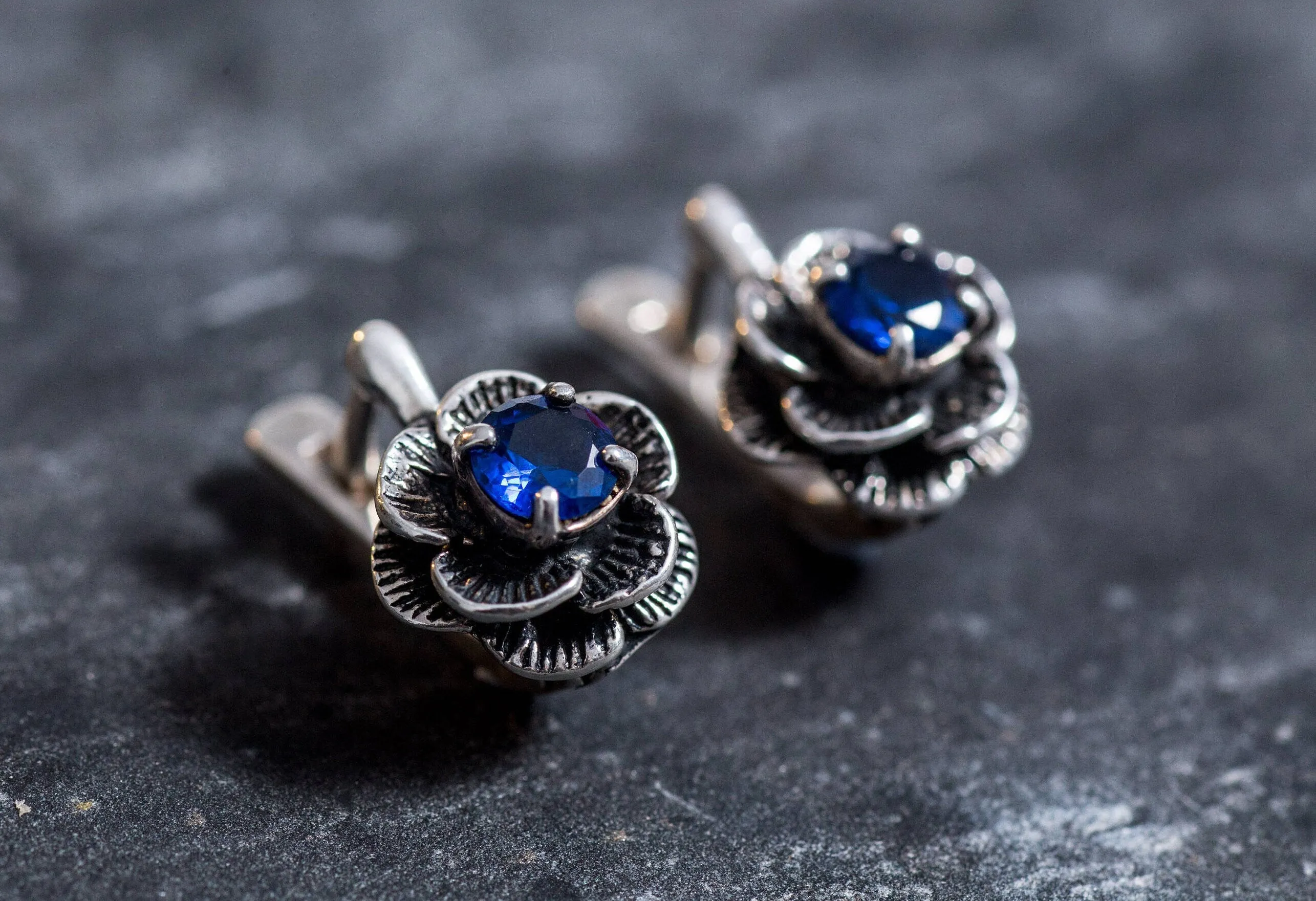 Flower Sapphire Earrings - Blue Rose Earrings, Dainty Flower Studs