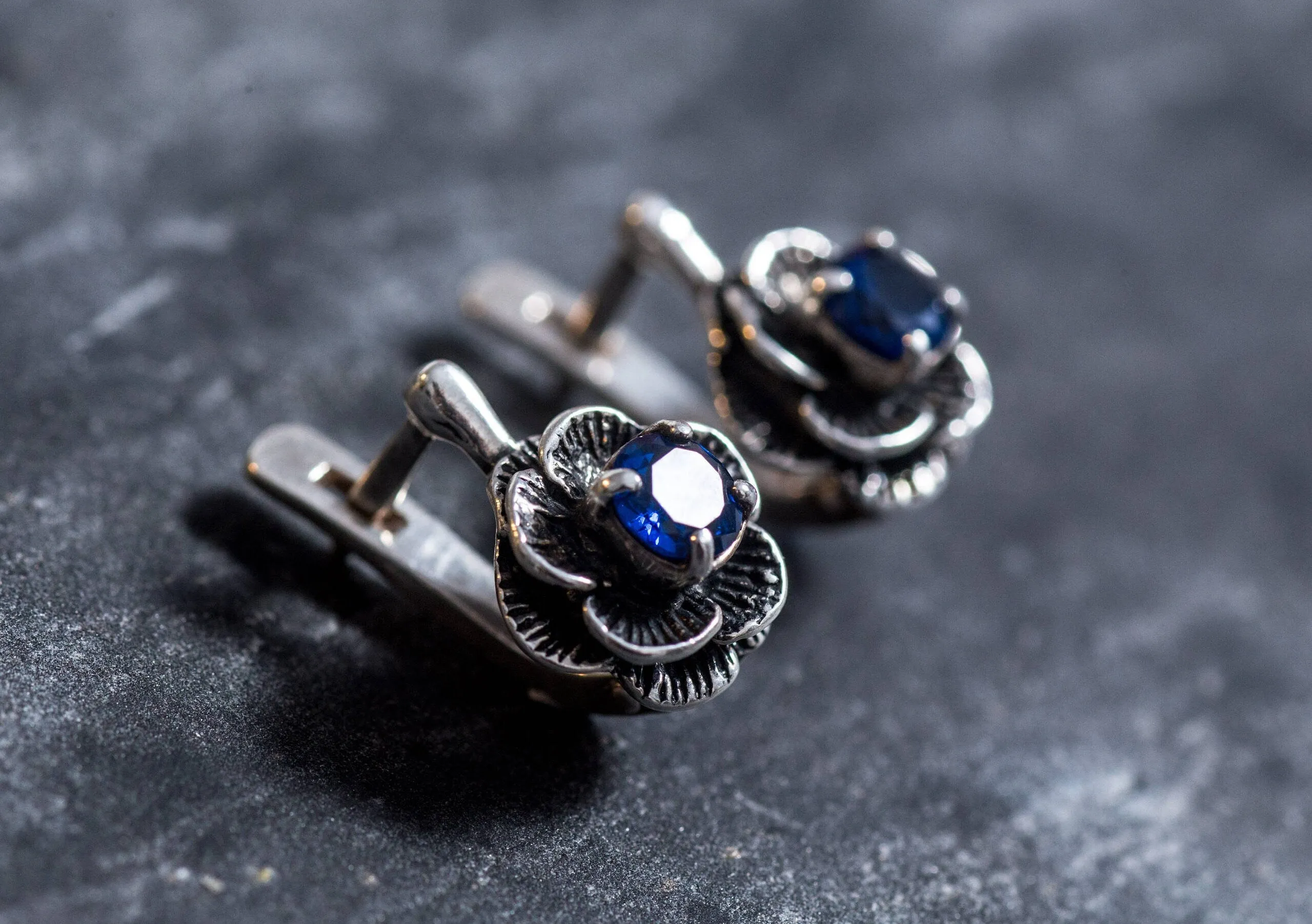 Flower Sapphire Earrings - Blue Rose Earrings, Dainty Flower Studs