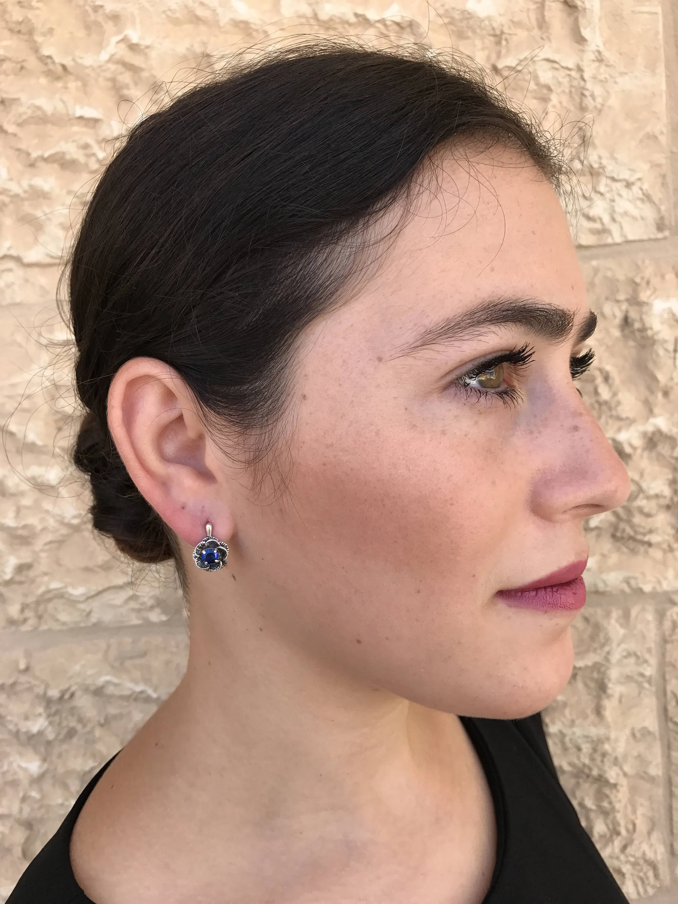 Flower Sapphire Earrings - Blue Rose Earrings, Dainty Flower Studs