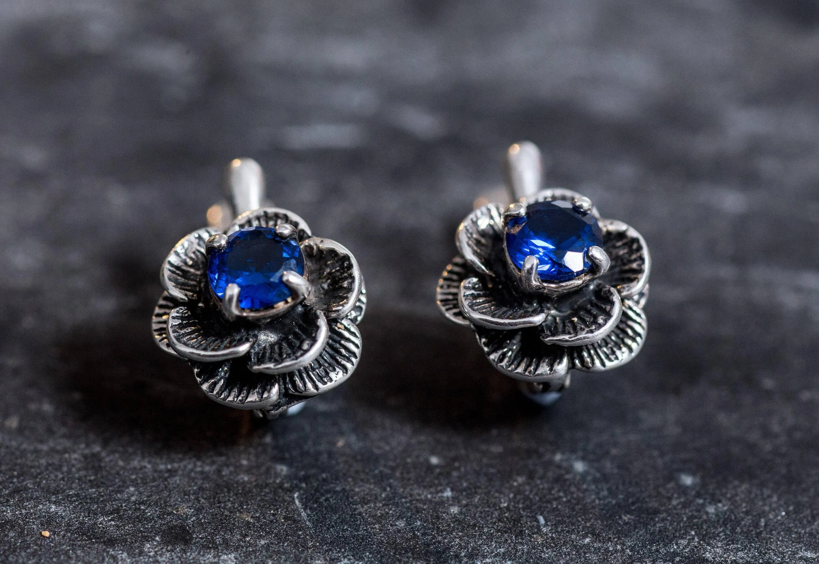 Flower Sapphire Earrings - Blue Rose Earrings, Dainty Flower Studs