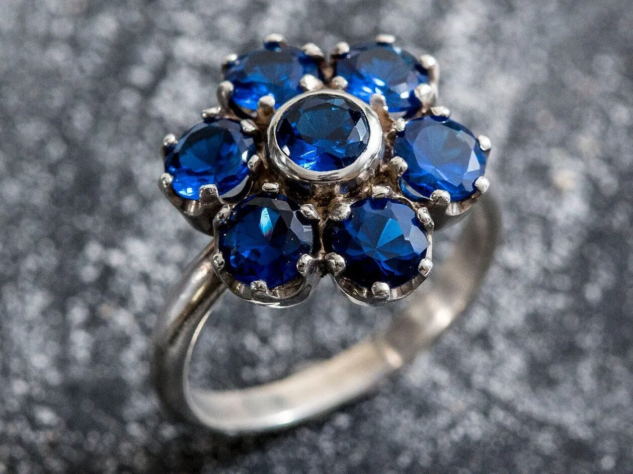 Flower Sapphire Ring - Blue Statement Ring - Vintage Cocktail Ring