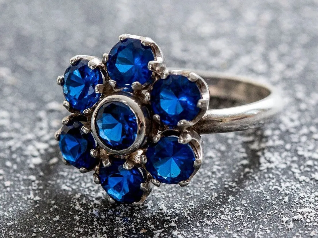 Flower Sapphire Ring - Blue Statement Ring - Vintage Cocktail Ring