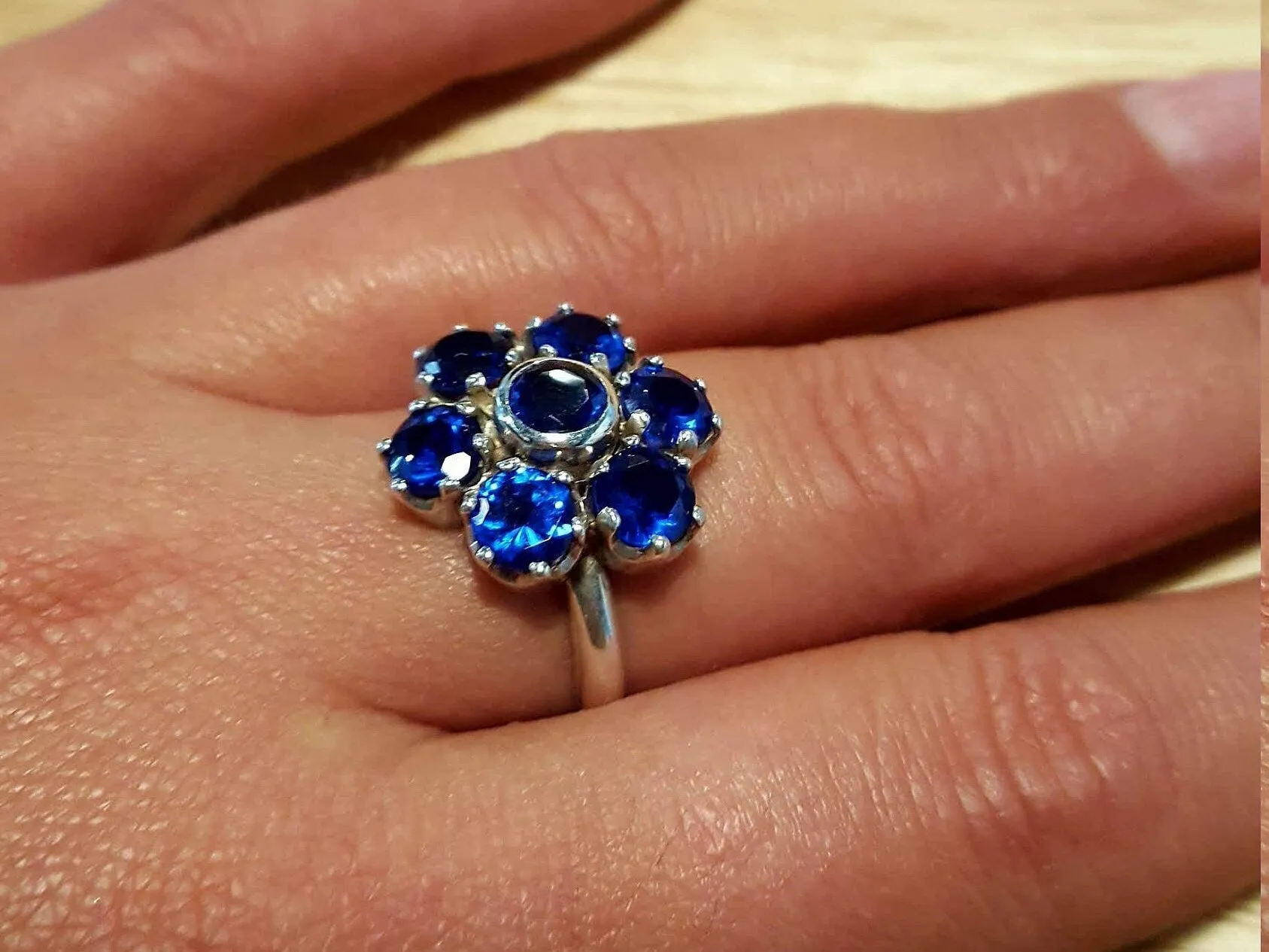 Flower Sapphire Ring - Blue Statement Ring - Vintage Cocktail Ring