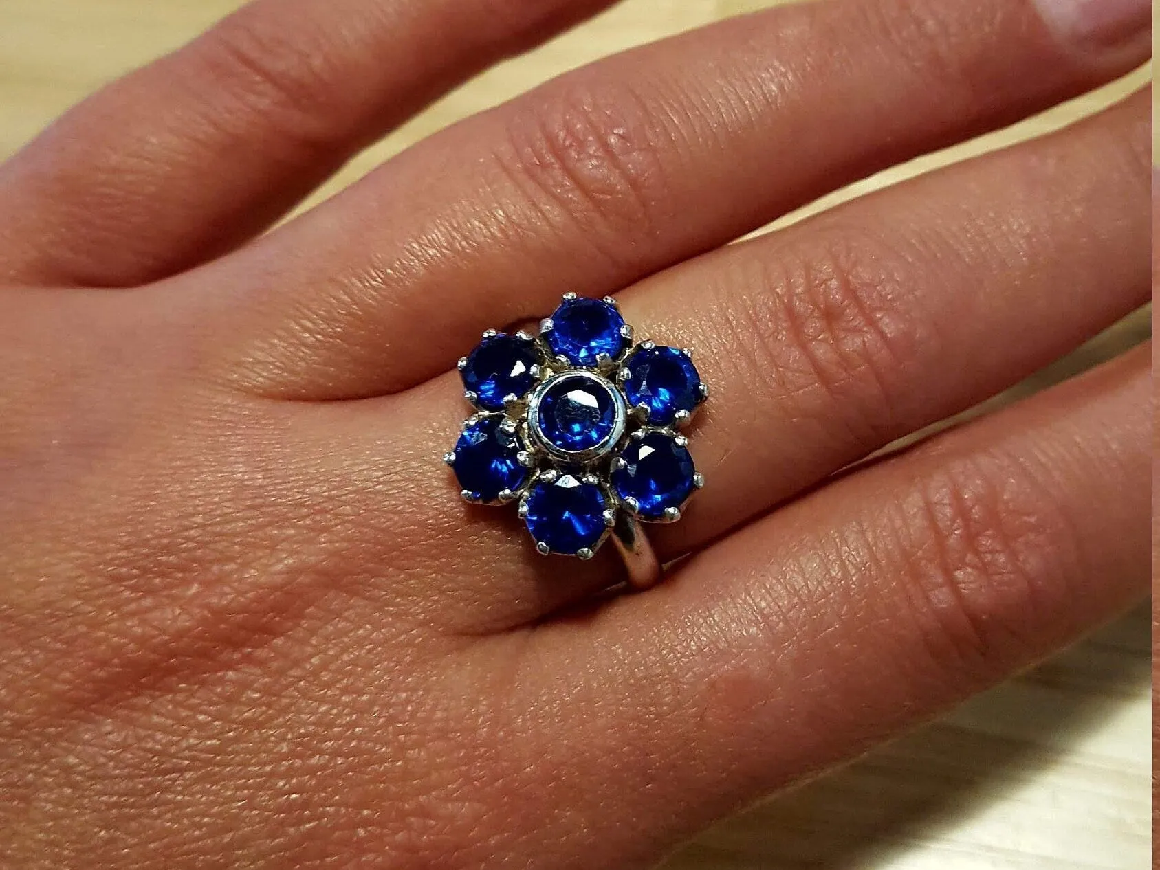 Flower Sapphire Ring - Blue Statement Ring - Vintage Cocktail Ring