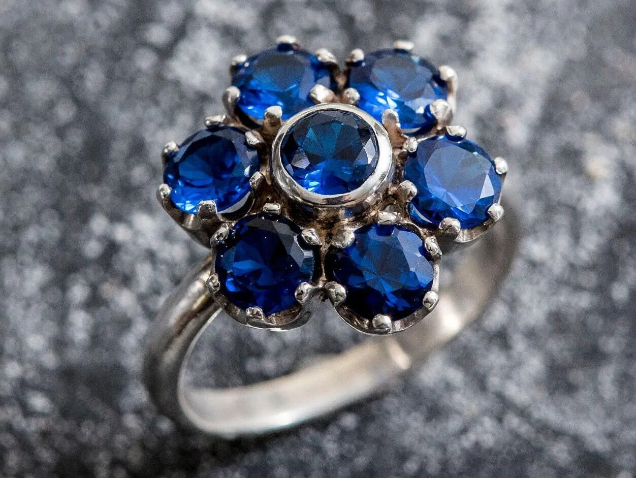Flower Sapphire Ring - Blue Statement Ring - Vintage Cocktail Ring