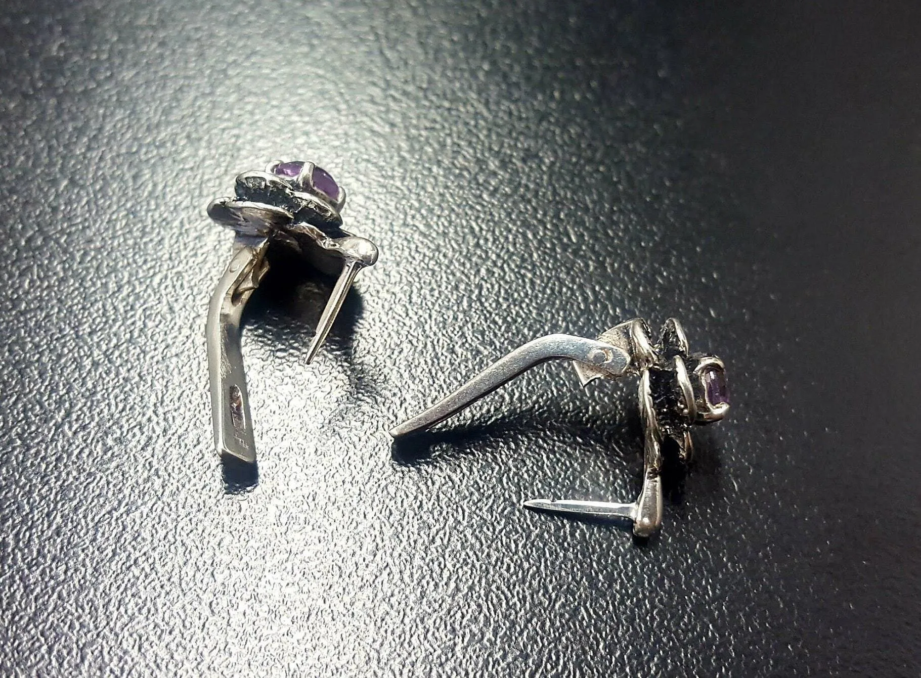 Genuine Amethyst Earrings - Purple Flower Studs - Vintage Rose Earrings