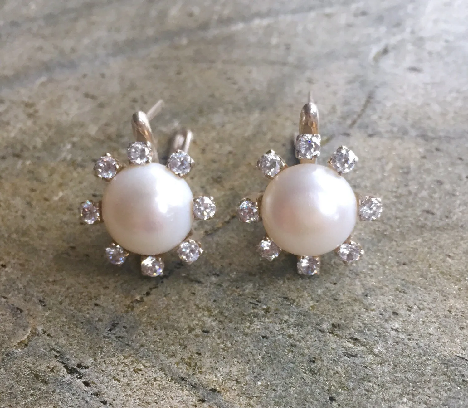 Genuine Pearl Studs - White Flower Earrings - Pearl Diamonds Bridal Earrings