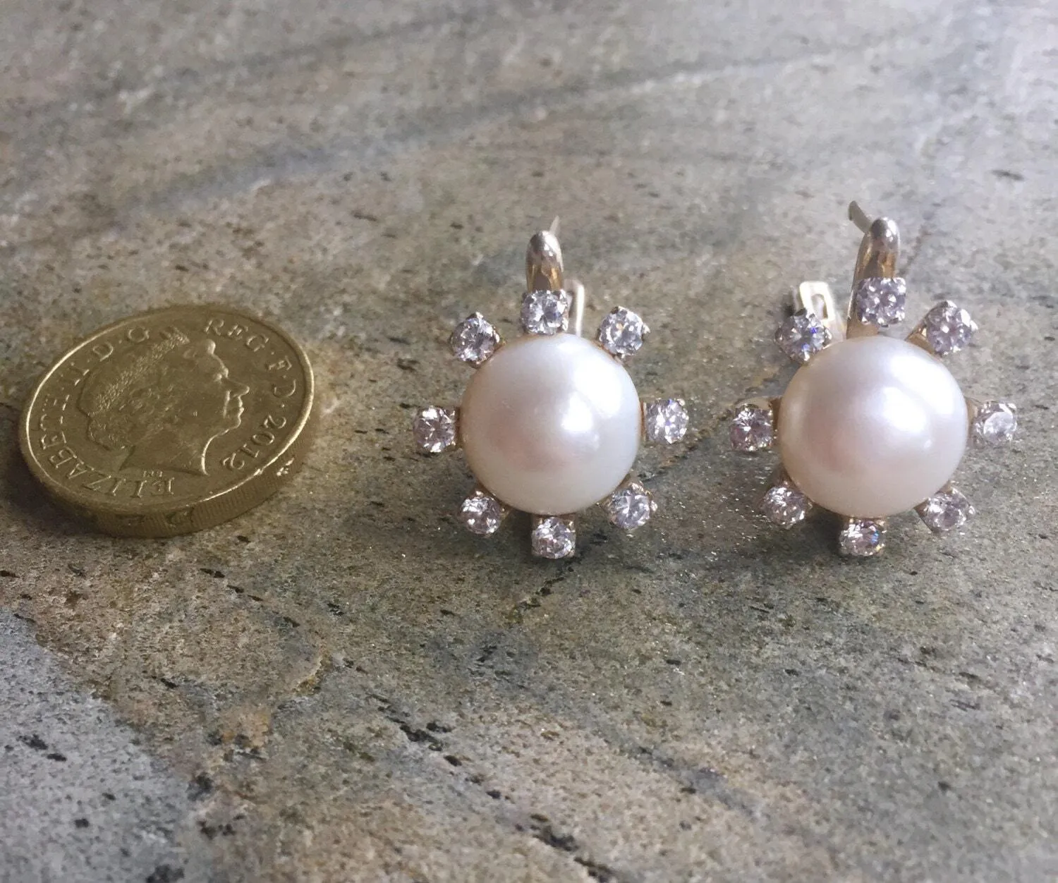 Genuine Pearl Studs - White Flower Earrings - Pearl Diamonds Bridal Earrings