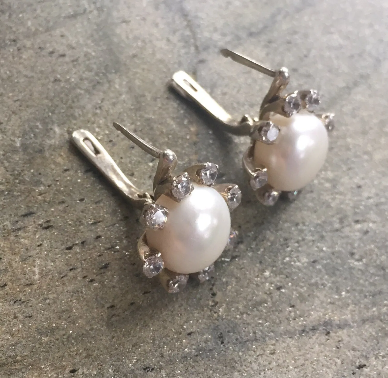 Genuine Pearl Studs - White Flower Earrings - Pearl Diamonds Bridal Earrings