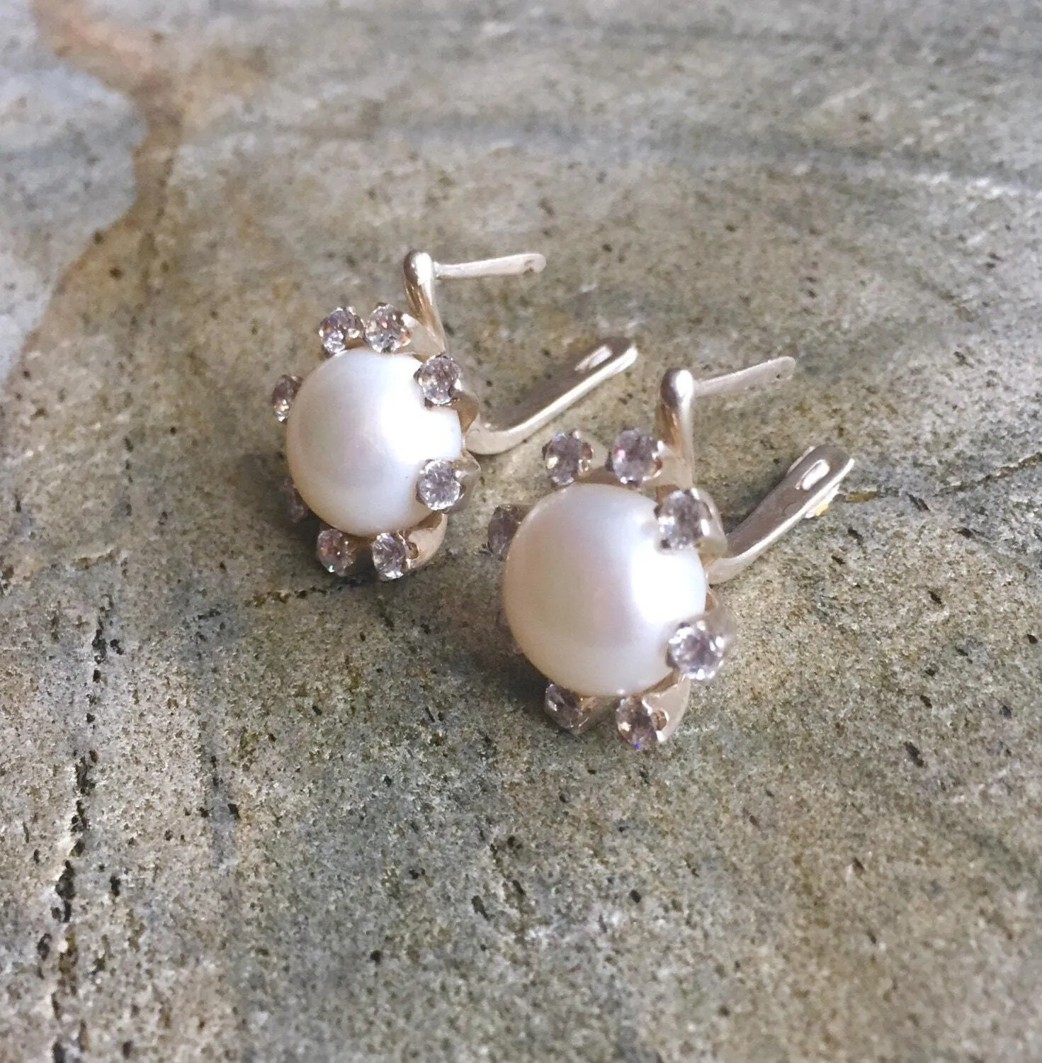 Genuine Pearl Studs - White Flower Earrings - Pearl Diamonds Bridal Earrings