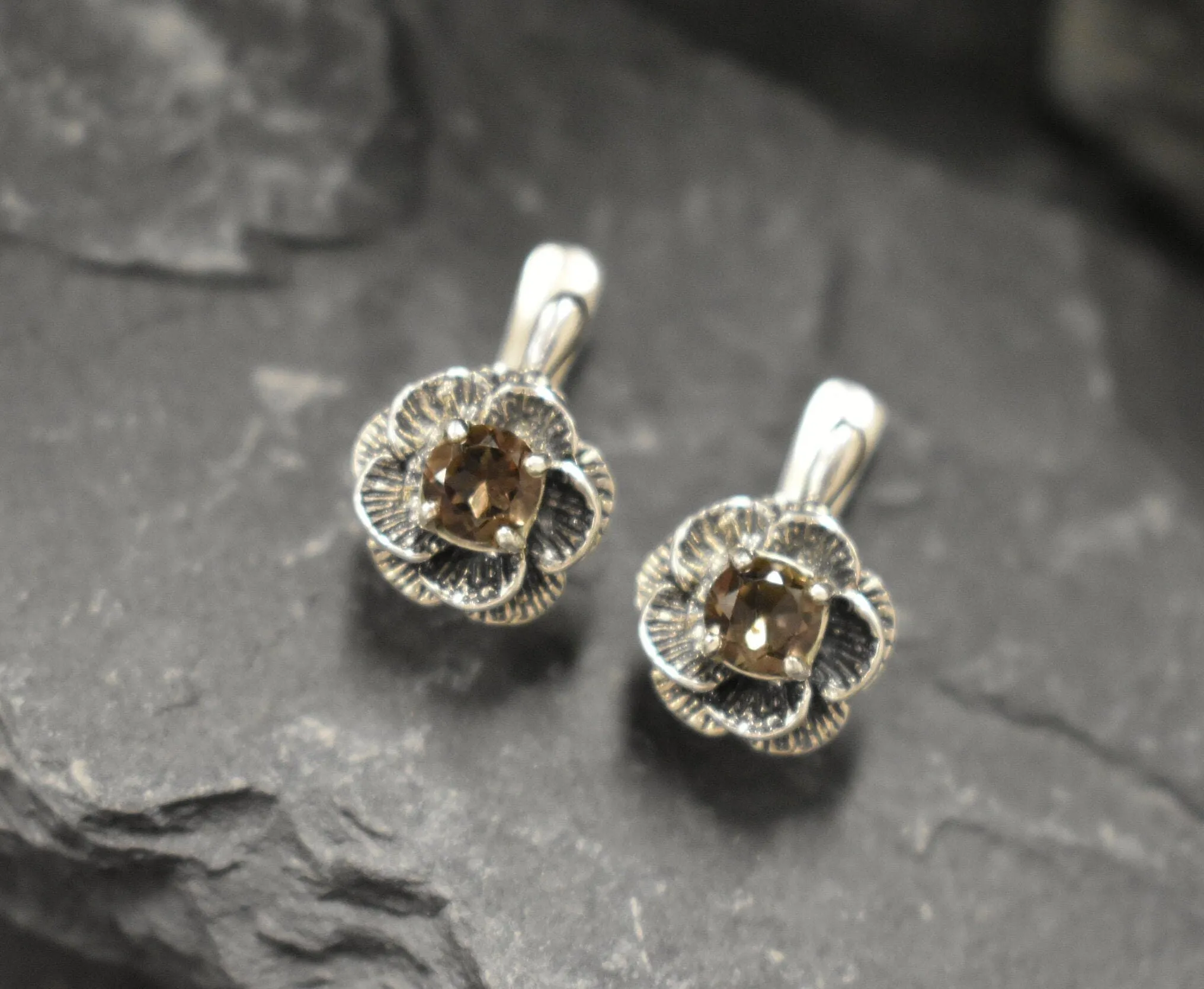 Genuine Quartz Earrings - Flower Topaz Studs - Smoky Topaz Earrings