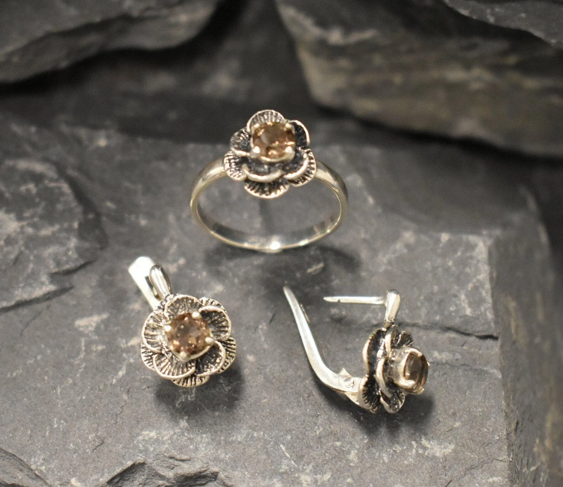 Genuine Quartz Earrings - Flower Topaz Studs - Smoky Topaz Earrings