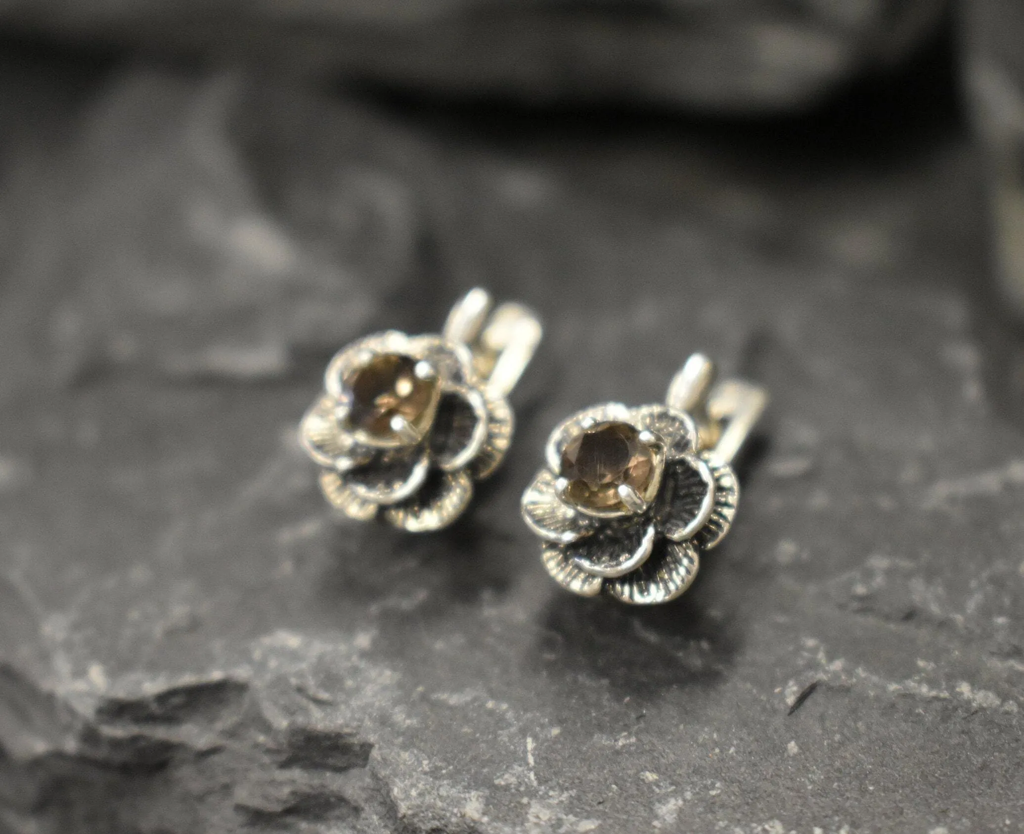Genuine Quartz Earrings - Flower Topaz Studs - Smoky Topaz Earrings