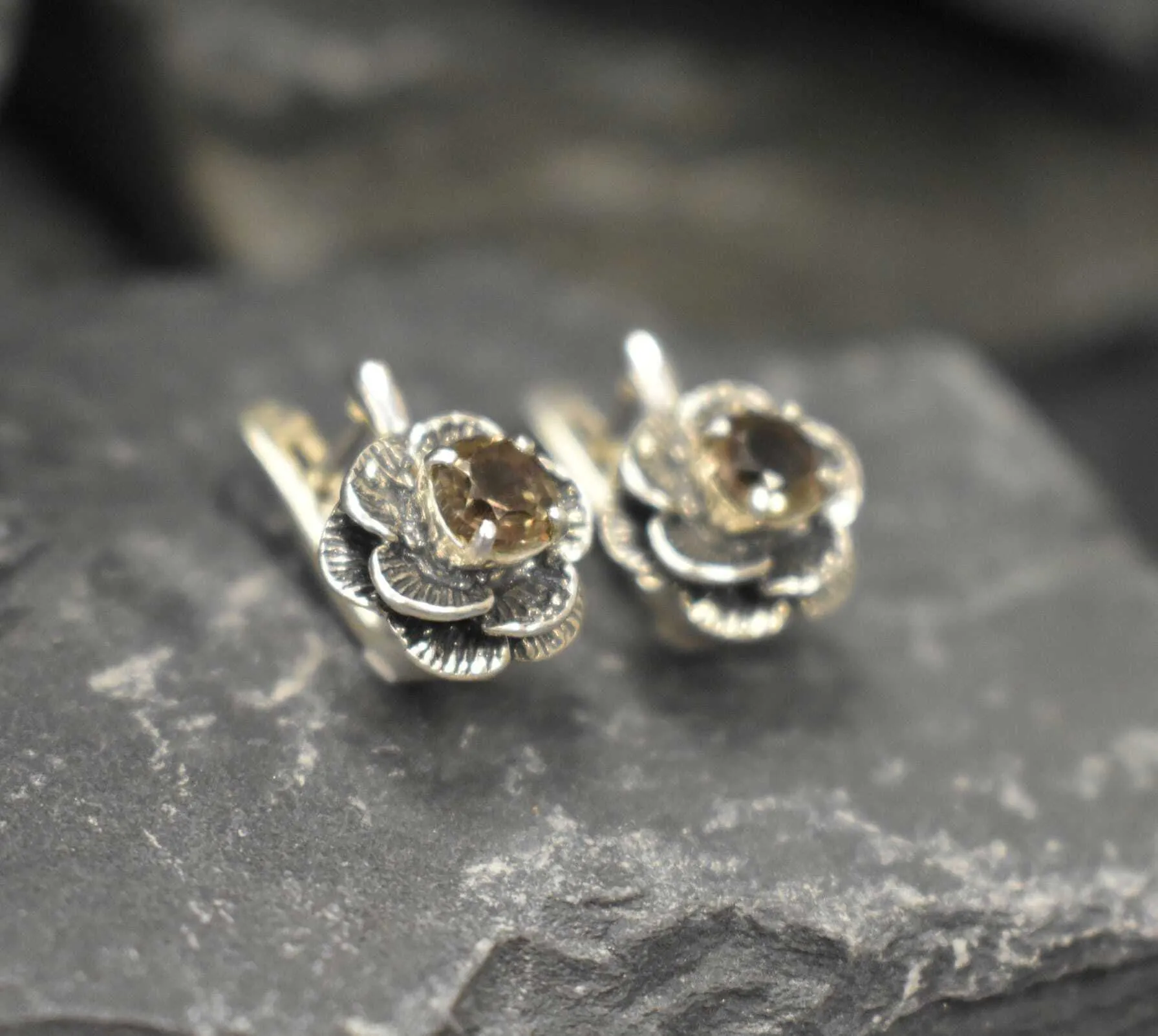 Genuine Quartz Earrings - Flower Topaz Studs - Smoky Topaz Earrings