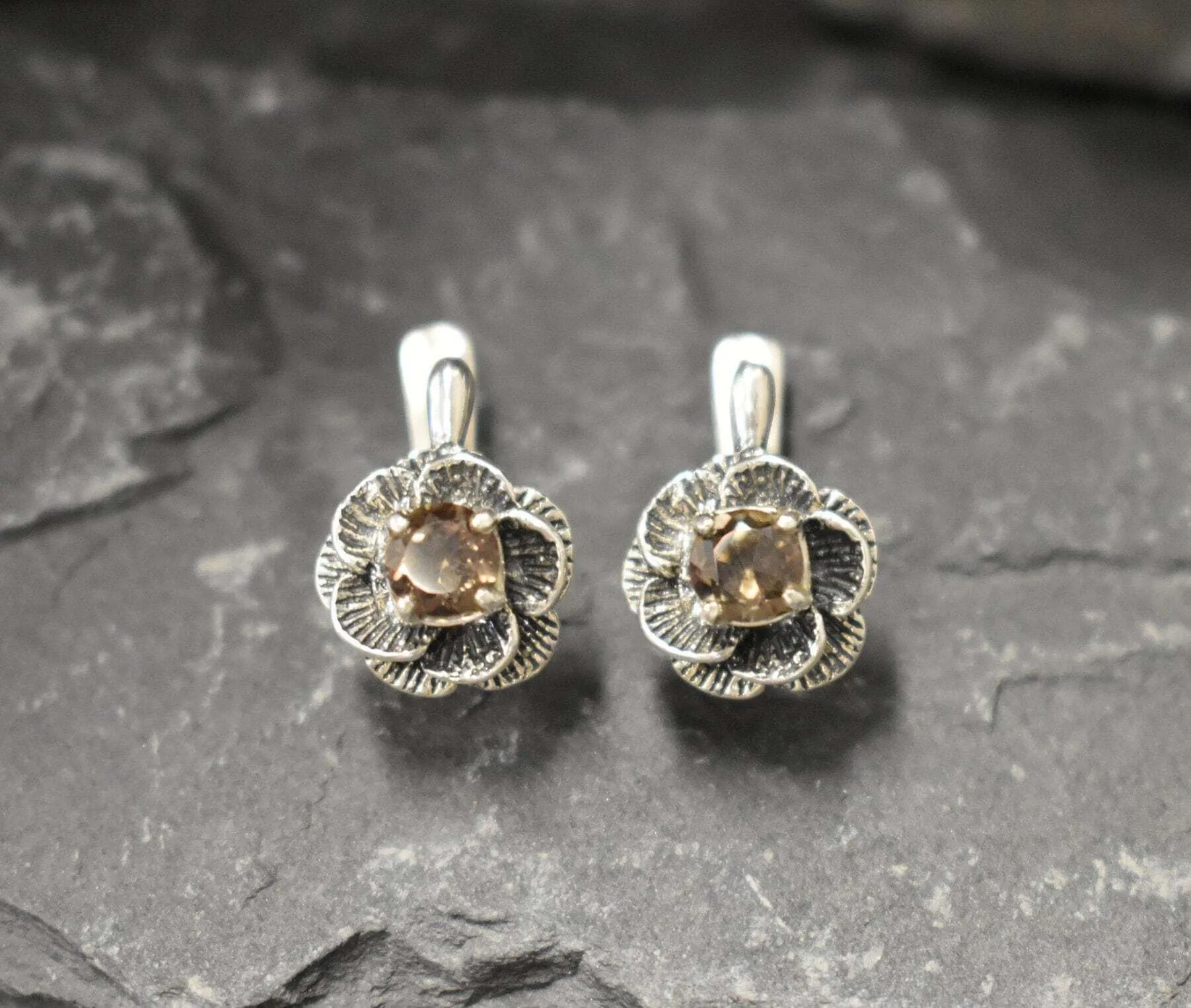 Genuine Quartz Earrings - Flower Topaz Studs - Smoky Topaz Earrings