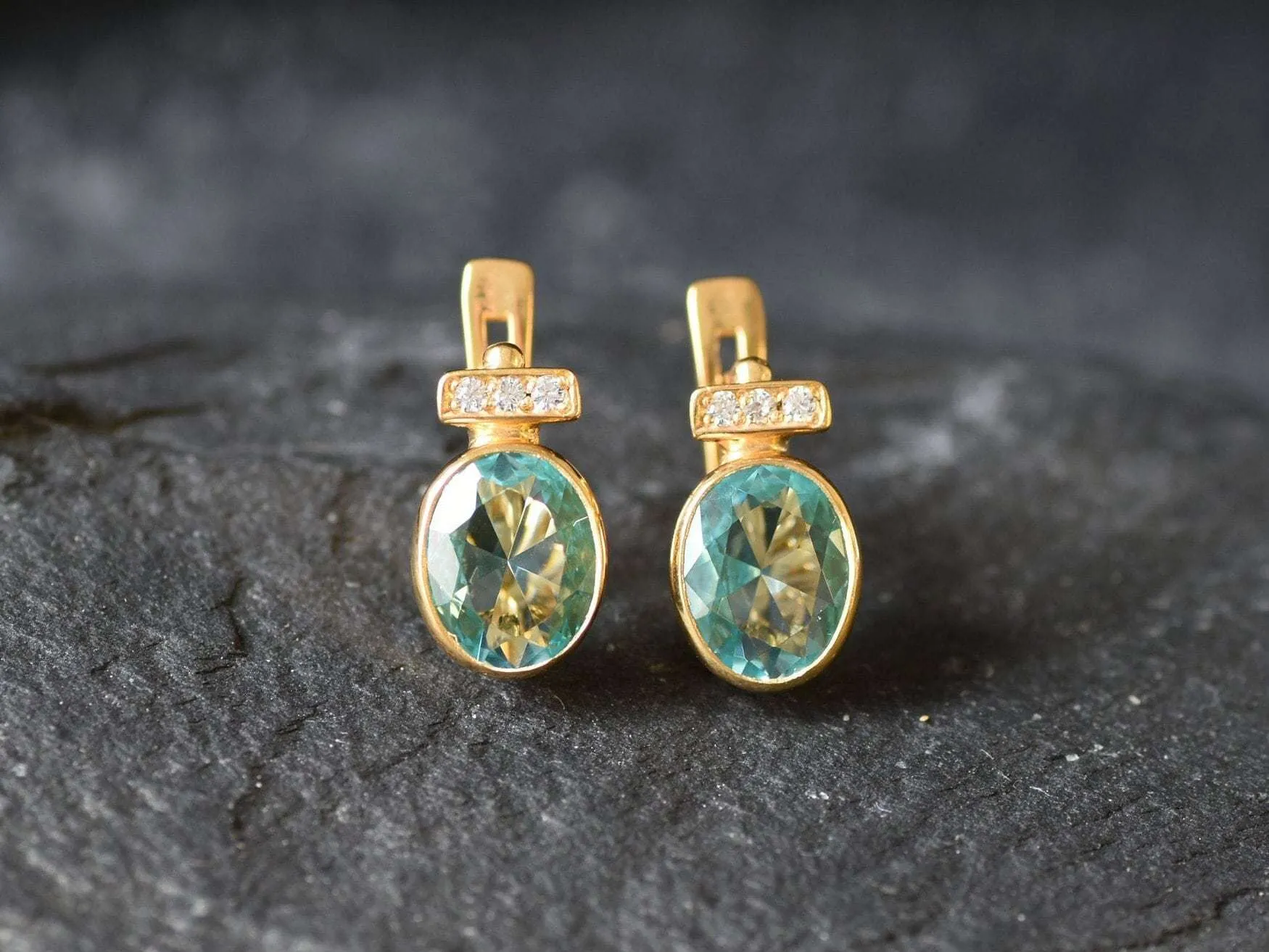 Gold Aqua Earrings - Blue Vintage Earrings, Blue Diamond Earring