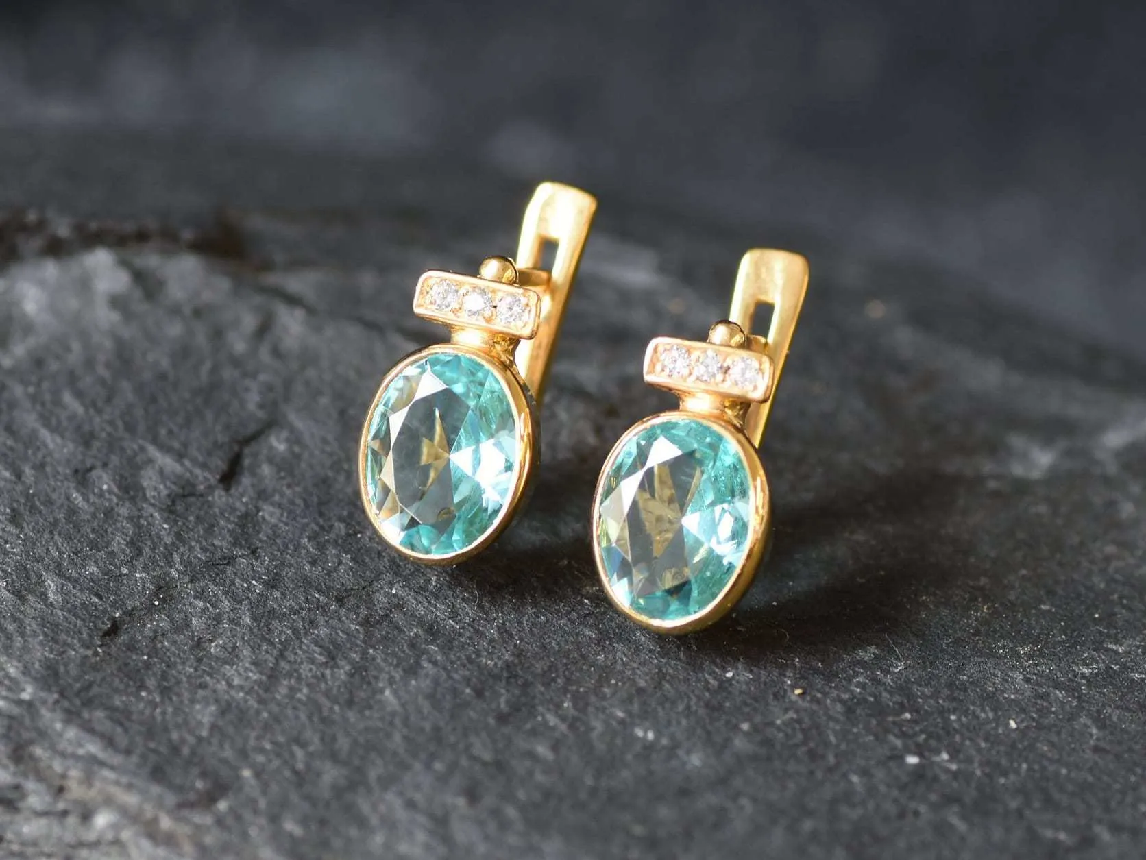 Gold Aqua Earrings - Blue Vintage Earrings, Blue Diamond Earring